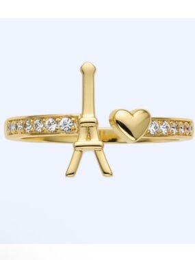 18K Gold Filled Eiffel Tower And Heart Adjustable Ring AAA CZ Accents NWOT